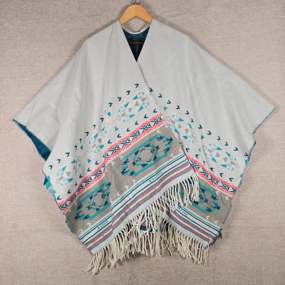 American Eagle Outfitters Southwestern Geometric Fringe Poncho Wrap Cream Teal